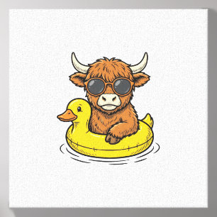 Cute Highland Cow Duck Float Vintage Engraving Art Canvas Photo Tile