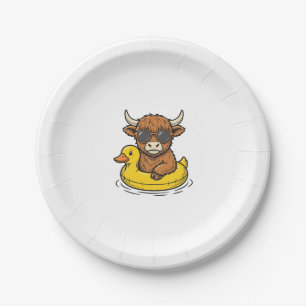 Cute Highland Cow Duck Float Vintage Engraving Art Paper Plates