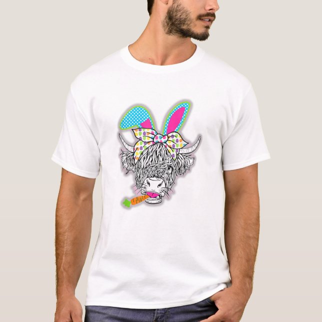 Cute Highland Cow Easter Bunny Cow Girls Easter Da T-Shirt (Front)