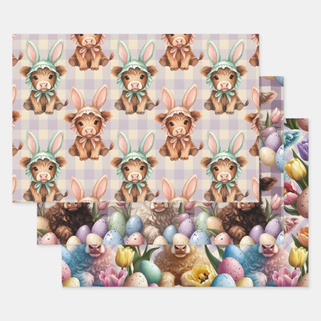 Cute Highland Cow Easter Bunny Spring Wrapping Paper Sheets (Set)
