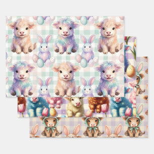 Cute Highland Cow Easter Spring Wrapping Paper Sheets