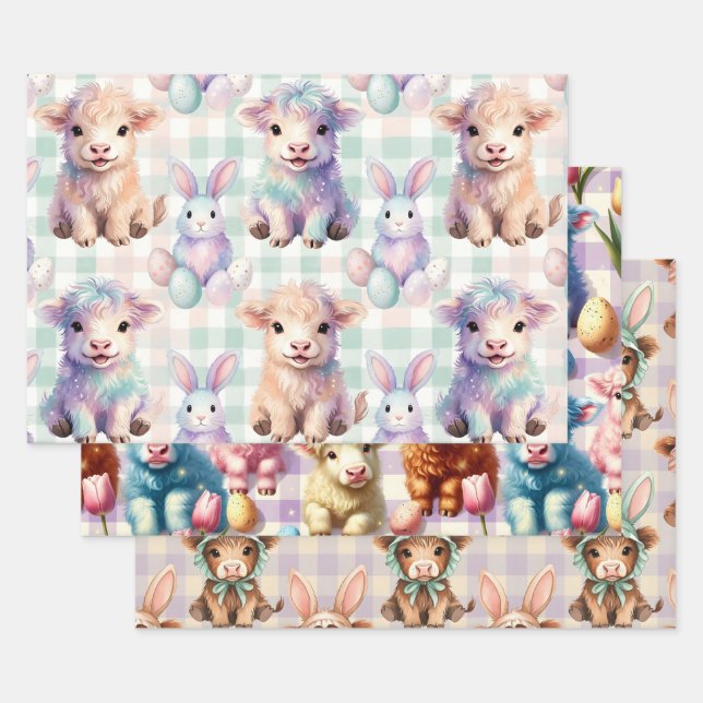 Cute Highland Cow Easter Spring Wrapping Paper Sheets (Set)