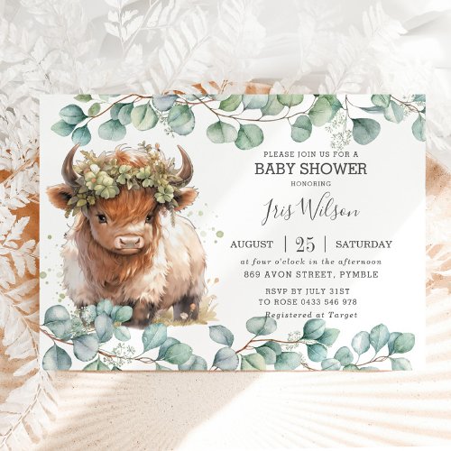 Cute Highland Cow Eucalyptus Greenery Baby Shower Invitation