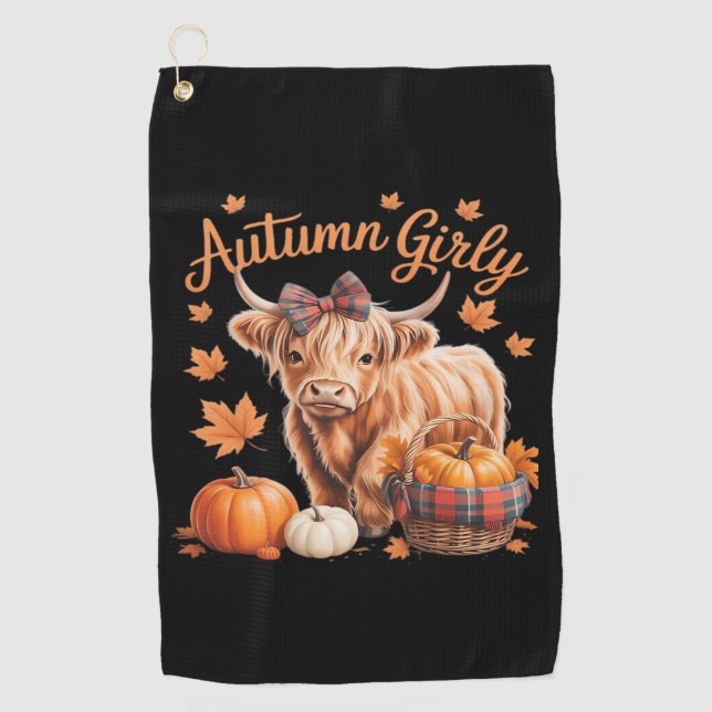 Cute Highland Cow Fall Autumn Girly Thanksgiving C Golf Towel (Front)
