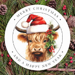 Cute Highland Cow Farm Animal Merry Christmas Classic Round Sticker<br><div class="desc">Looking for an adorable and unique way to send your Christmas greetings this year? Look no further than our highland cow and calf Christmas cards! Featuring a cute and festive design, these cards are perfect for cow lovers, country, and western enthusiasts alike. Each card features a highland cow wearing a...</div>