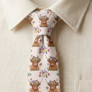 Cute Highland Cow Floral Meadow Farmhouse Neck Tie