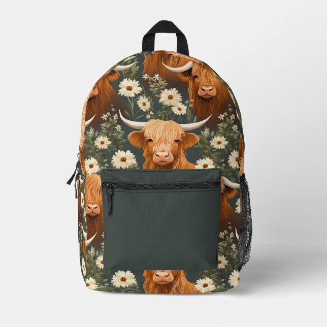 Cute Highland Cow Floral Pattern Printed Backpack (Front)