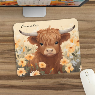 Cute Highland Cow Floral w/Monogram Mouse Pad