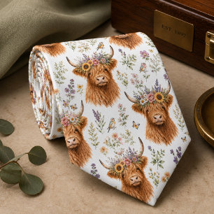 Cute Highland Cow Floral Watercolor Whimsical Neck Tie
