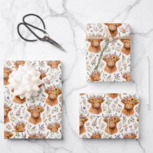 Cute Highland Cow Floral Watercolor Whimsical Wrapping Paper Sheets
