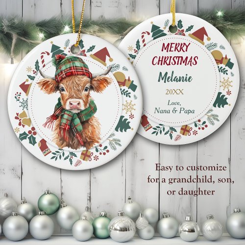Cute Highland Cow Framed with Christmas Images Ceramic Ornament