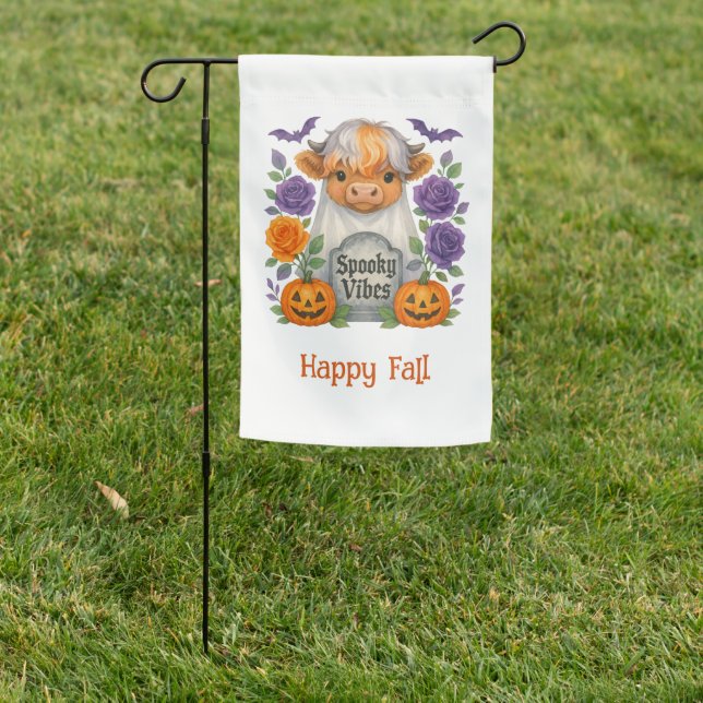 Cute Highland Cow Ghost Fall Halloween Autumn Garden Flag (In SItu)