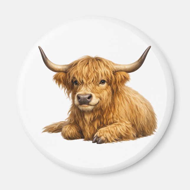 Cute Highland Cow Graphic Round Magnet  (Front)