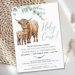 Cute Highland Cow Greenery Eucalyptus Baby Shower Invitation