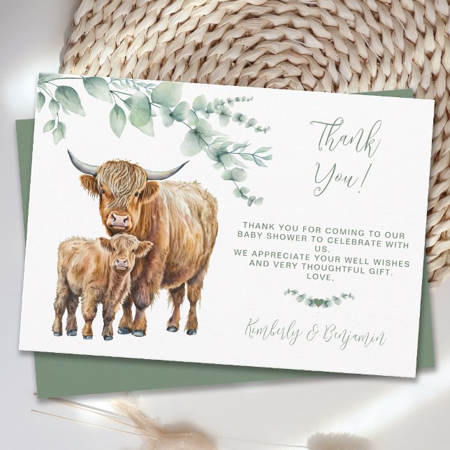 Cute Highland Cow Greenery Eucalyptus Baby Shower  Thank You Card (Creator Uploaded)