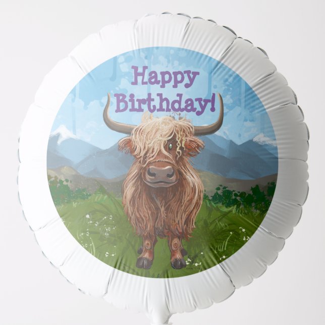 Cute Highland Cow Happy Birthday Balloon (Front)