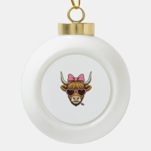 Cute Highland Cow Heart Glasses Vintage Shirt Desi Ceramic Ball Christmas Ornament