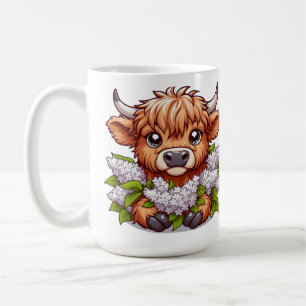 Cute Highland Cow Holding Lilacs Coffee Mug