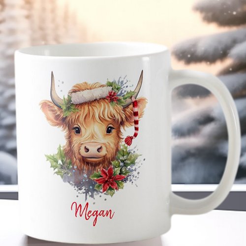 Cute Highland Cow Holiday Christmas Santa Hat Coffee Mug