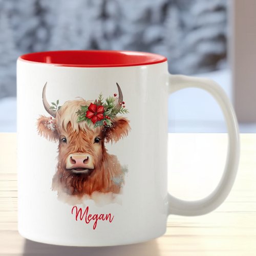 Cute Highland Cow Holiday Christmas Santa Hat Two_Tone Coffee Mug