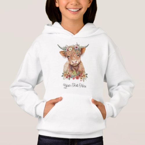 Cute Highland Cow illustration with Flowers  Name Hoodie