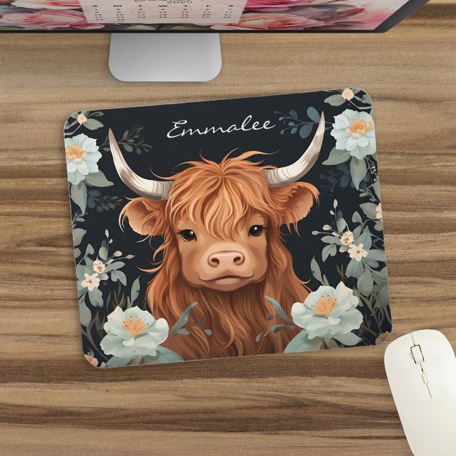 Cute Highland Cow in Beautiful Florals w/Monogram  Mouse Pad (Creator Uploaded)