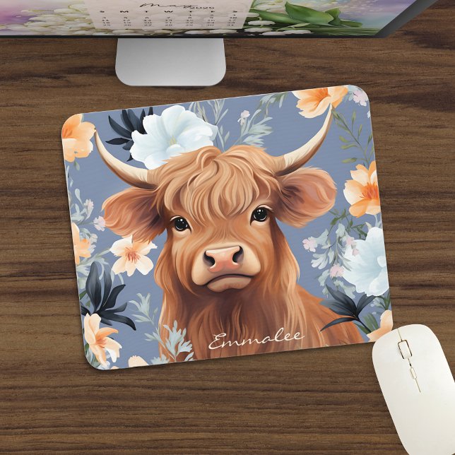 Cute Highland Cow in Floral Background w/Custom Mouse Pad (Creator Uploaded)