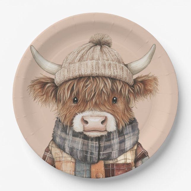 Cute Highland Cow in Hat Boho Cream Paper Plates (Front)