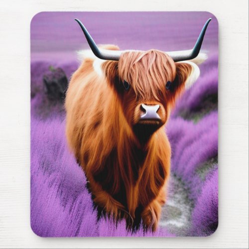 Cute Highland Cow in Lavender Field er Mouse Pad