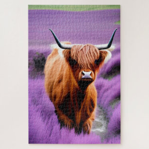 Cute Highland Cow in Lavender Field Jigsaw Puzzle