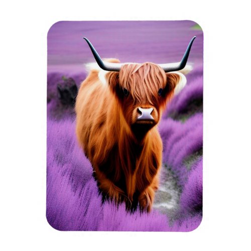 Cute Highland Cow in Lavender Field  Magnet