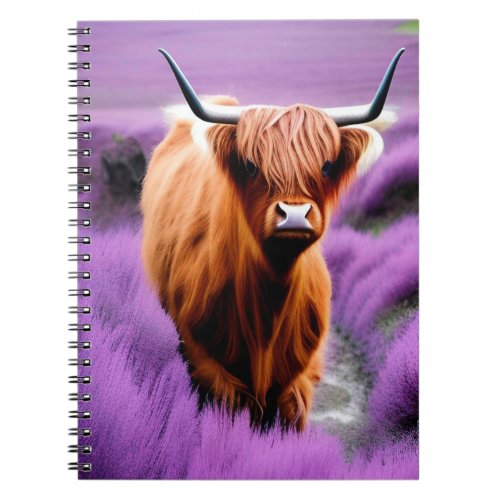 Cute Highland Cow in Lavender Field  Notebook