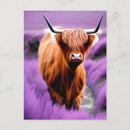 Cute Highland Cow in Lavender Field    Postcard