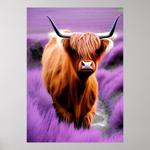 Cute Highland Cow in Lavender Field Poster