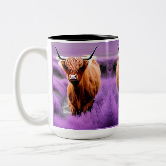 Cute Highland Cow in Lavender Field  Two-Tone Coffee Mug (Left)
