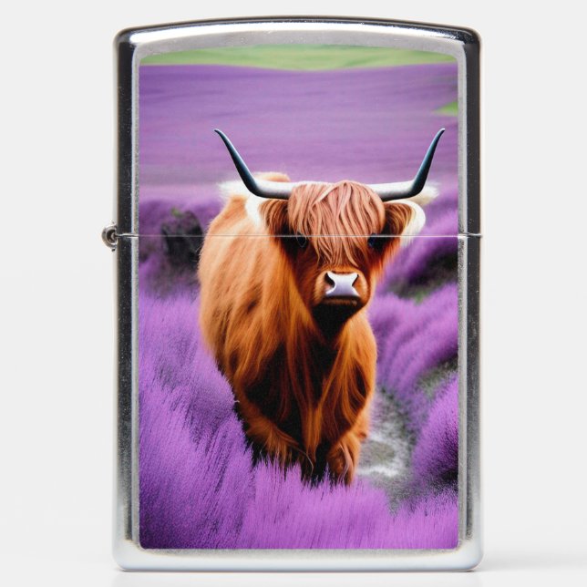 Cute Highland Cow in Lavender Field   Zippo Lighter (Front)