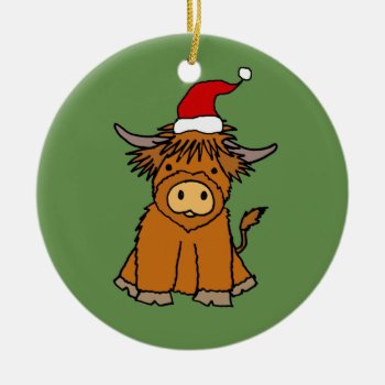 Cute Highland Cow In Santa Hat Christmas Ceramic Ornament by ChristmasSmiles at Zazzle