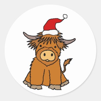 Cute Highland Cow In Santa Hat Christmas Classic Round Sticker by ChristmasSmiles at Zazzle