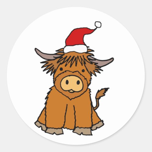 Cute Highland Cow in Santa hat Christmas Classic Round Sticker