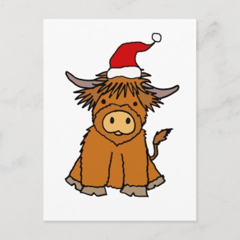 Cute Highland Cow In Santa Hat Christmas Postcard by ChristmasSmiles at Zazzle