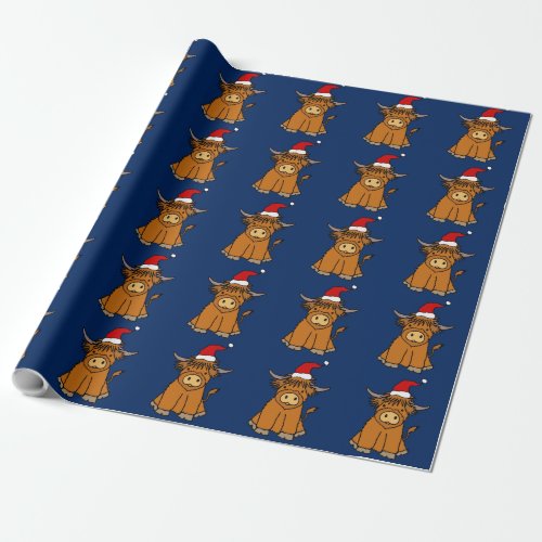 Cute Highland Cow in Santa hat Christmas Wrapping Paper