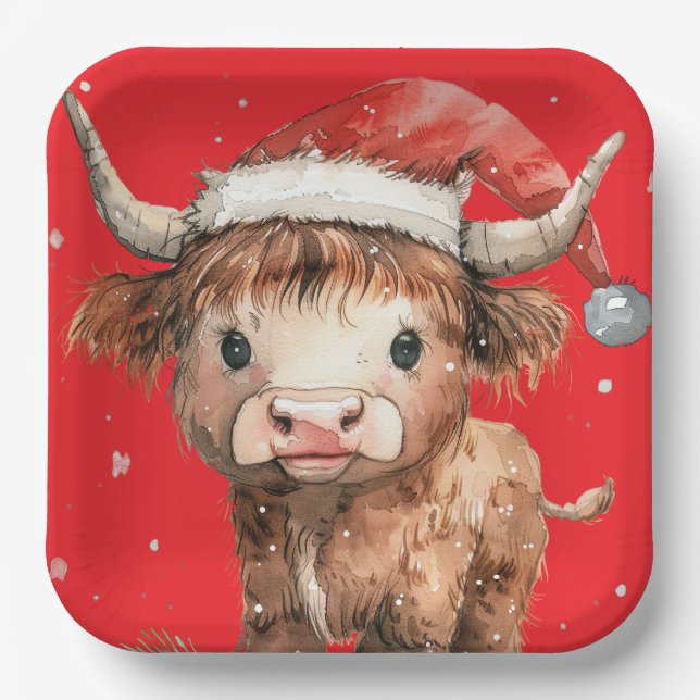 Cute. Highland Cow in Santa Hat Red Paper Plates (Front)