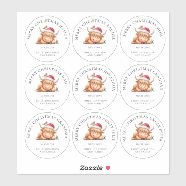 Cute Highland Cow Individual Names Merry Christmas Sticker (Sheet)