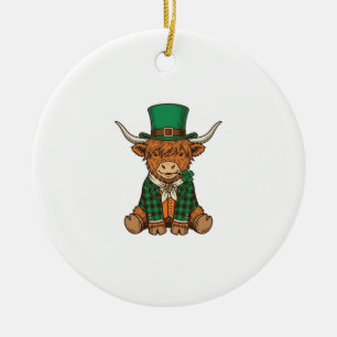 Cute Highland Cow Irish Clover Vintage Shirt Desig Ceramic Ornament