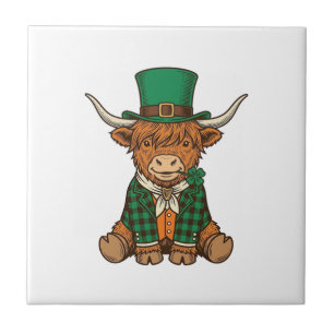 Cute Highland Cow Irish Clover Vintage Shirt Desig Ceramic Tile