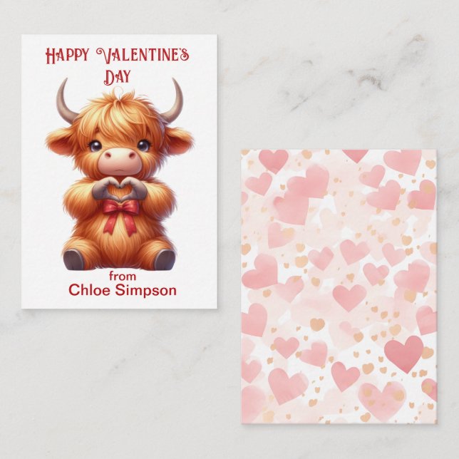 Cute Highland Cow Kid's Valentine Classroom Party Note Card (Front/Back)