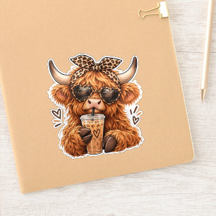 Cute Highland Cow Leopard Print Iced Coffee Lover Sticker