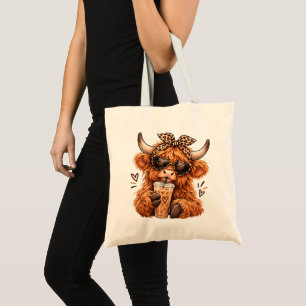 Cute Highland Cow Leopard Print Iced Coffee Lover Tote Bag