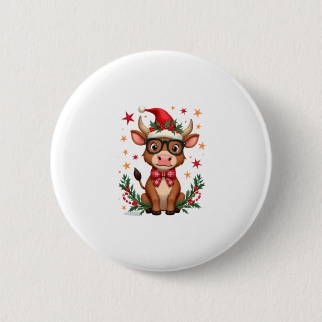 Cute Highland Cow Lover Santa Hat Western Christma Button (Front)