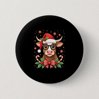 Cute Highland Cow Lover Santa Hat Western Christma Button